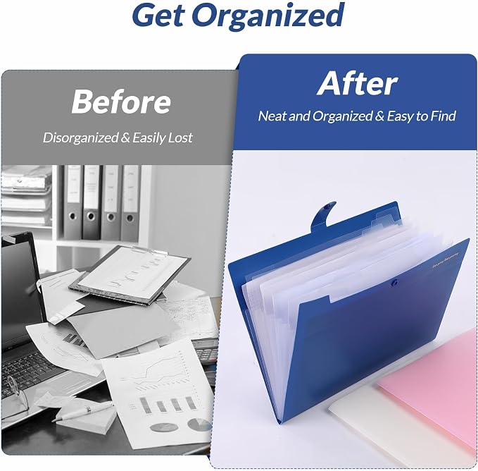 SKYDUE Accordion File Organizer, Expanding File Folder with 8 Pockets, Expandable Document Paper Receipt Organizer, Letter/A4 Size Filing Folder School Office Supplies Blue