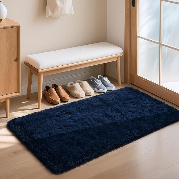 HOMORE Runner Rug 2x4 Navy Blue Rug for Bedroom, Fluffy Runner Rugs for Hallway Bedside, Long Rugs for Living Room Kids Room, Soft Carpet for Dorm Indroor Entrance