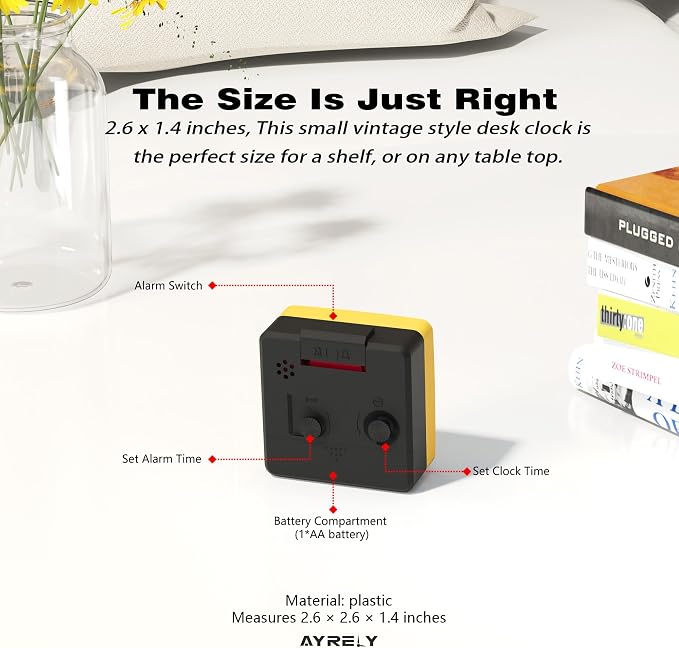 AYRELY® 2.6" × 1.4" Ultra Small Battery Operated Analog Travel Alarm Clock | Silent Non-Ticking Retro Bedside Table Clock with Snooze, Light and Easy Top Alarm Switch for Travel and Bedrooms (Yellow)