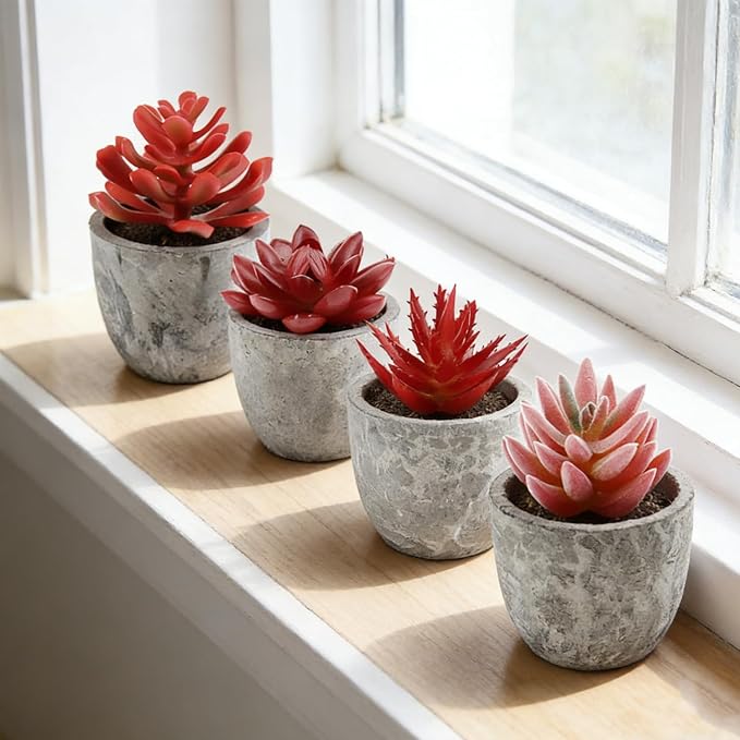 ABAJI Mini 4 Succulents Plants Artificial in Pots Fake Plants for Bedroom Aesthetic Living Room Shelf Bathroom Decor Office Desk Accessories