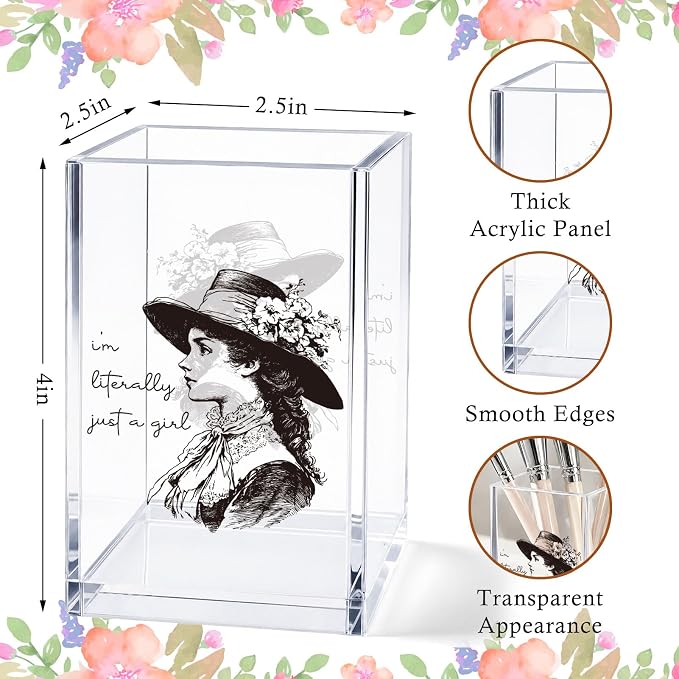 Acrylic Pen Holder Cup, Vintage Aesthetic Desk Decor, “I’m Literally Just a Girl” Pencil Holder Organizer, Black and White Fashion Style Office Accessories, Gift for Women