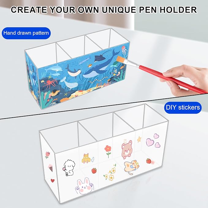 Acrylic Pen Holder,3 Compartments Pencil Cup Stationery Organizer,DIY Pen Holder for Desk,Makeup Brush Holder for Home, Office, Classroom, Bathroom