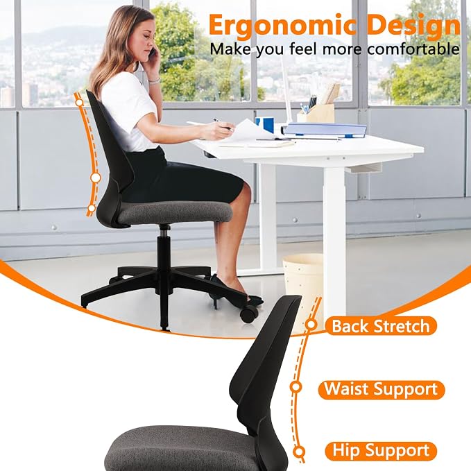 CLATINA Armless Home Office Chairs, Ergonomic Small Desk Chair with Wheels and Soft Thick Upholstered Cushion, Comfy Adjustable Height Swivel Computer Task Chair for Conference Waiting, Black, 6 Pack