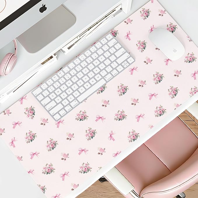 Mouse Pad Leather Desk Mat Large Keyboard Cute Office Desktop Computer Laptop XXL Long Big Aesthetic Modern Design Women Girls Gaming Gamer Oversized Wide Mousepad 31.5"x15.7", Bow Rose