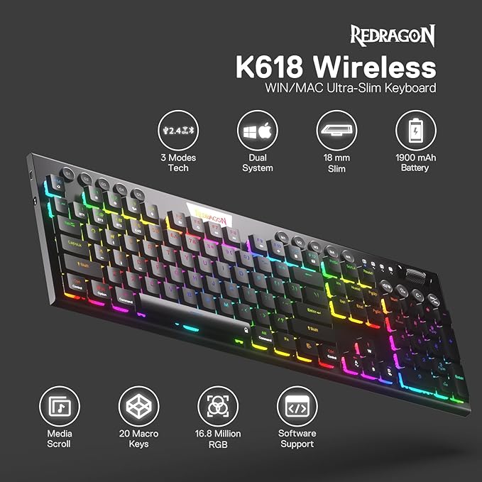 Redragon K618 PRO 3-Mode Wireless RGB Mechanical Keyboard, BT/2.4Ghz/Wired Low Profile Win/Mac Gaming Keyboard w/Ultra-Thin Design, Dedicated Media Control & Linear Red Switch