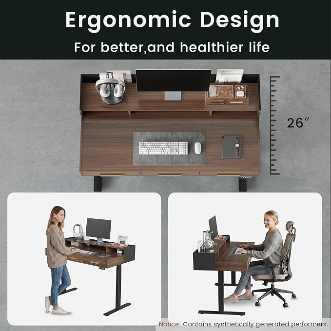 ModernMate 48" Electric Standing Desk with 3 Drawers & Monitor Shelf | Height Adjustable Sit Stand Desk, Home Office Computer Workstation with Storage for Small Space, Black Walnut