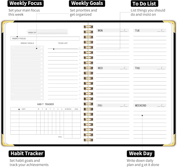 Undated Weekly Planner, Weekly To Do List Notebook with Goal & Habit Tracker Organizer, A5 5.8" x 8.0" Weekly Planner Notebook with Spiral Binding for Men or Women