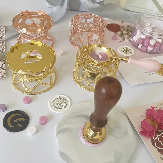 Metal Wax Seal Warmer Kit with Spoon and Stirring Stick, for Wedding Wax Envelope Seal Stamp (Small Waist Rose Gold Stove)