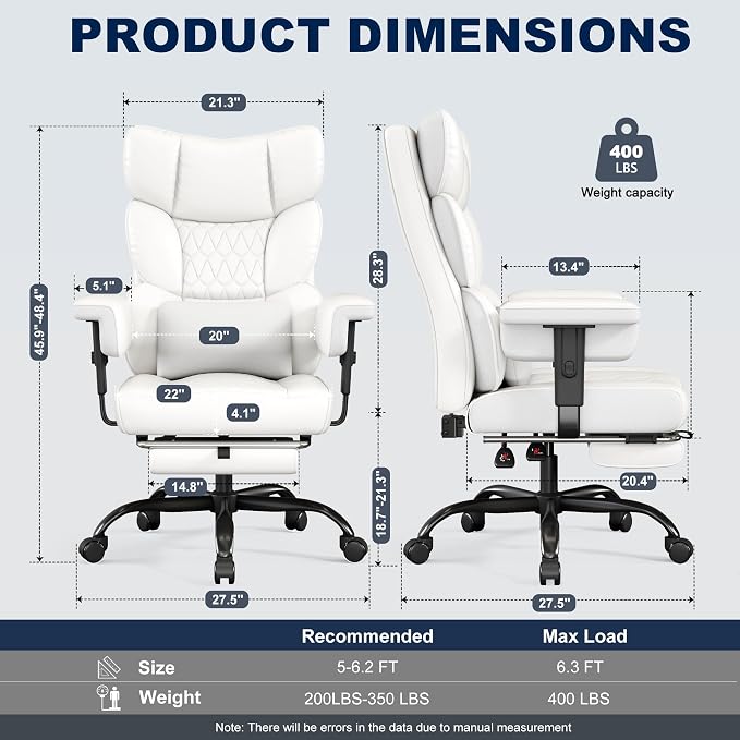 Misolant Big and Tall Office Chair with Footrest, High Back Executive Desk Chair with Adjustable Lift Armrest, 155°Recline，Lumbar Support Pillow, Faux Leather Gaming Chairs for Home or Office