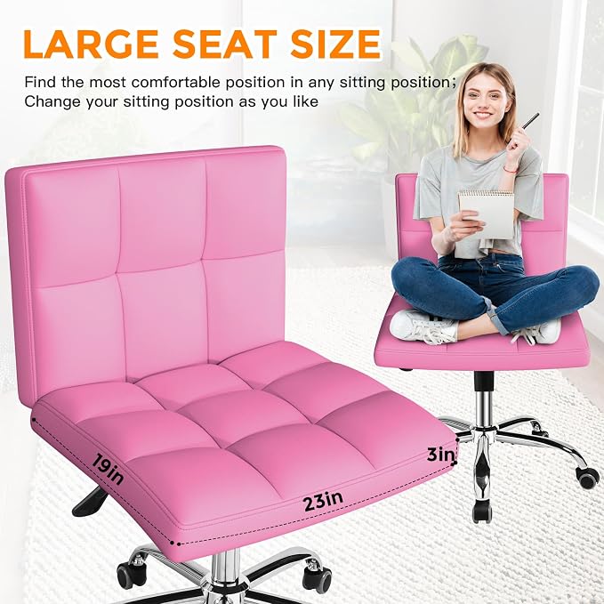 Pink Office Chair with Wheels - 360° Swivel Armless Back Support，Comfortable Pu Adjustable Rolling Desk Chairs for Office，Home，Vanity，Bedroom，Big Space (Widened Pink)