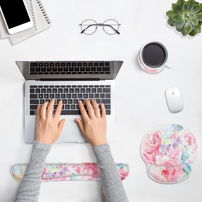 Britimes Flower Painting Watercolor Abstract Ergonomic Mouse Pad Set with Wrist Rest Non-Slip Rubber Base Wrist Cushion Support and Coasters Mousepad with Wrist Support for Computer Keyboard and Desk