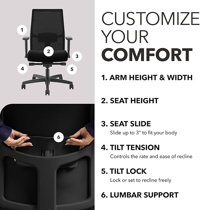 HON Ignition 2.0 Mid‑Back Ergonomic Office Chair, Mesh Task Seating with Lumbar Support, Advanced Synchro‑Tilt, Height and Width Adjustable Arms, Black Frame, Black