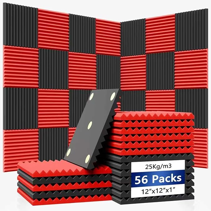 56 Pack Acoustic Foam Panels |1 "x12 "x12" Rapid Recovery Acoustic Wall Panels |High Density Sound Reducing Panels for Home Studio |With Adhesive Stickers 280PCS (28 Black+28 Red)