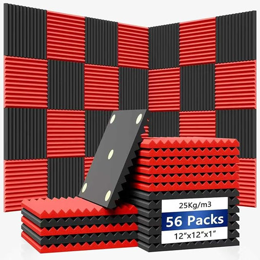 56 Pack Acoustic Foam Panels |1 "x12 "x12" Rapid Recovery Acoustic Wall Panels |High Density Sound Reducing Panels for Home Studio |With Adhesive Stickers 280PCS (28 Black+28 Red)