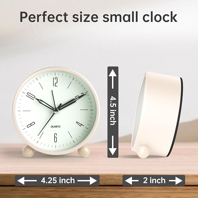 JALL Analog Alarm Clock, 4 inch Super Silent Non Ticking Small Clock with Night Light, Battery Operated, Simple Design, Old Fashioned Style Cream Decor, for Bedroom, Bedside, Desk, Adult, Gift, White