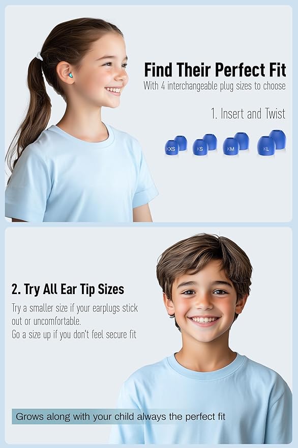 Kids Ear Plugs (6-12 yrs) - Reusable Noise Relief Earplugs for Focus, Travel, Concerts, Socializing, Sports Events, Noise Sensitivity - 8 Ear Tips in XS/S/M/L,BUGN