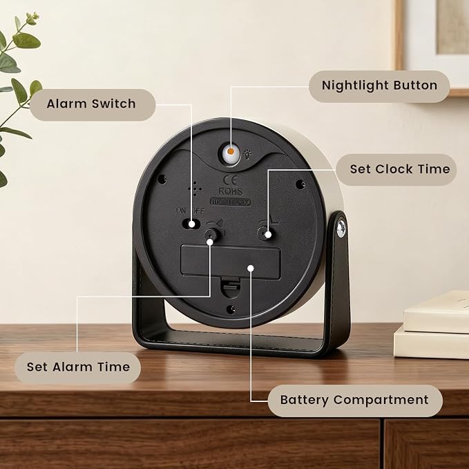 Analog Alarm Clock - 4.5" Silent Non Ticking Small Clock with Light, Rotatable Stand Metal Desk Clock Battery Operated, Simple Design for Living Room Decor/ Bedroom/Bedside/Shelf (Black & White)