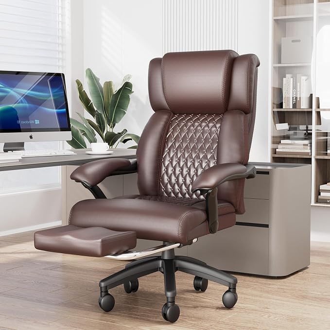 HOMREST 500lbs Big and Tall Office Chair, Ergonomic Heavy Duty Chair with Adjustable Lumbar Support & Backrest, Executive Leather Office Chair with Wide Armrests and Wheels (Brown)