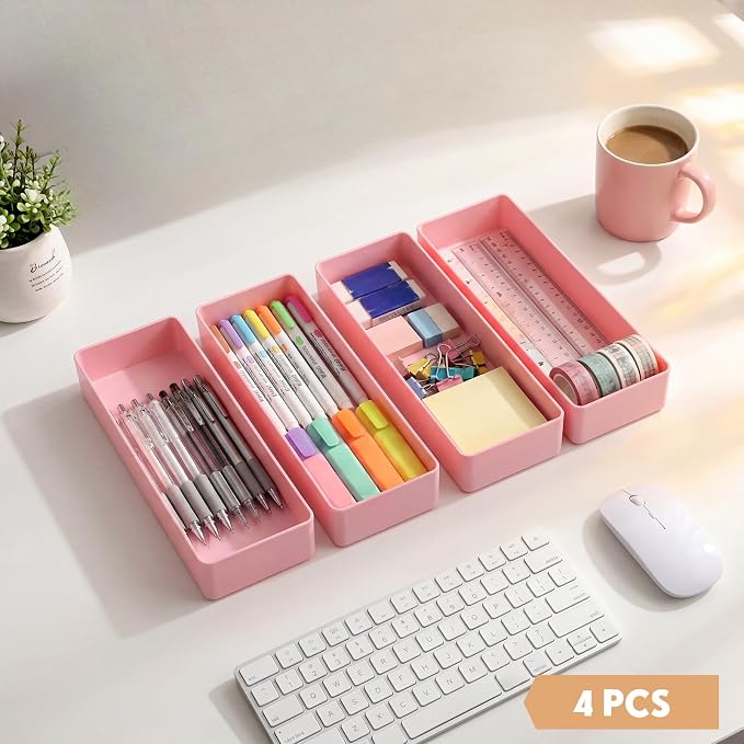 Teling 4 Pcs Pink Large Rectangular Desk Organizer Set, Half Accessory Tray, Plastic Tabletop Organizer for Office, Home, or Study, Dimensions: 9.45 x 2.95 x 1.38 Inches