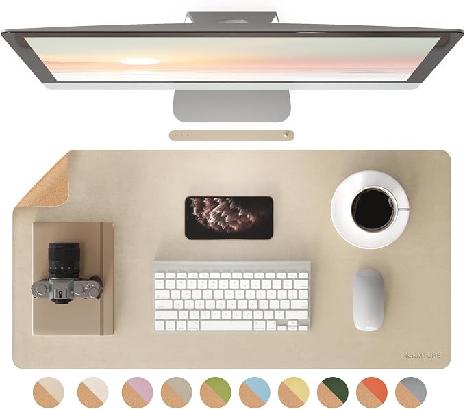 RENMTURE Desk Pad, Cork & PU Leather Desk Mat, Large Mouse pad, Non-Slip Desk Protector and Blotter, Waterproof Writing Pad, Desk Accessories and Organizers for Home Office (Golden,32"x16")