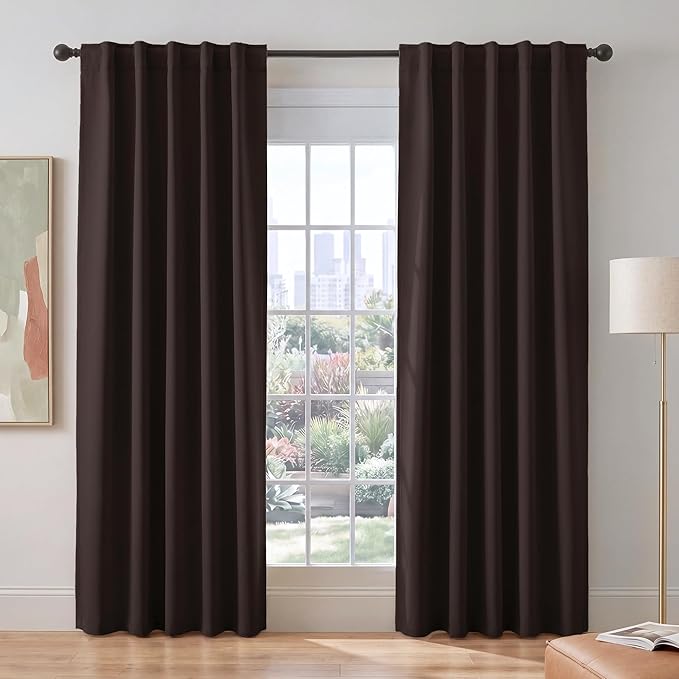PONY DANCE Brown Blakcout Curtains for Living Room 84 inch Long - Dark Brown Long Black Out Panels Set Window Treatments Thermal Insulated Light Blocking Back Tab/Rod Pocket Curtain Drapes, 2 Panels