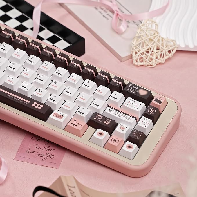 PBT Keycaps, Cute Keycaps 60 65 75 100 Percent, Dye Sublimation Custom Key caps, Pink White Brown 145 Keys Set, Cherry Profile Aesthetic Keycap Set for Cherry Gateron MX Switche Keyboard