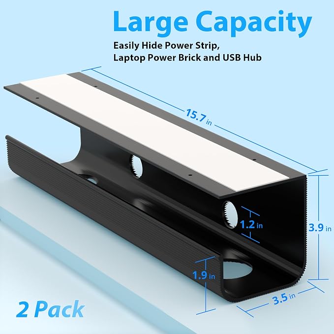 ZhiYo 2 Pack Large Capacity Cable Management Tray 31.5in (2xL15.7in), Thick PVC Under Desk Cable Tray Kit with 4 Cable Clips & 5 Ties, Standing Cord Management Desk Organizer for Office or Home, Black