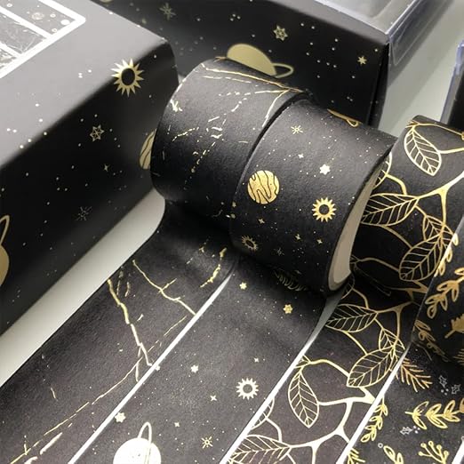 Creative Washi Tape Set 10 Rolls Gold Foil Print Decorative Masking Tapes for Arts, DIY Crafts, Journals, Planners, Scrapbook, Wrapping (Gold Dark)