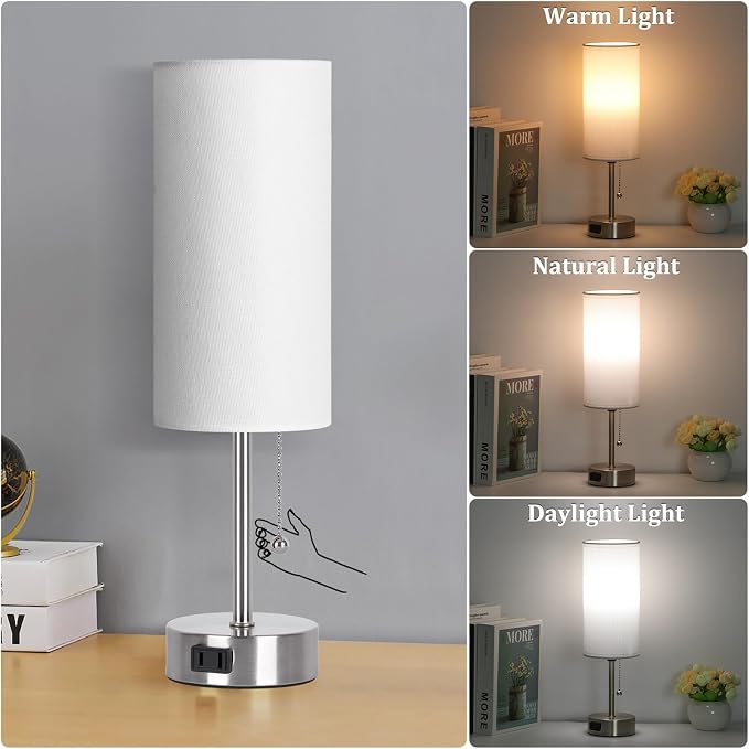 Dott Arts Table Lamp for Bedroom, 3-Color Bedside Lamps with Pull Chain, Bedroom Table Lamps for Nightstand,AC Outlet Small Lamp for Living Room, Bulb Included Nickel