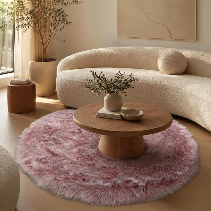 EasyJoy Faux Sheepskin Rug, Fluffy Faux Fur Rug, Ultra Soft Shag Area Rug with Non-Slip Backing for Bedroom, Living Room, Nursery, Kids Room(4 x 4 ft Round, Frosted Bottom Pink)