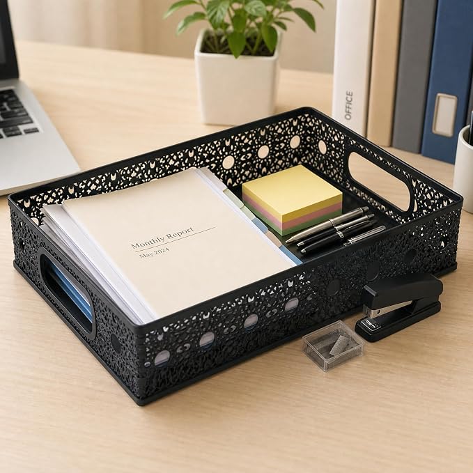 Desk Drawer Organizer, A4 Large Metal Mesh Desk Rrganizer Tray, Versatile Storage Box Set for Office Home Supplies,Carved Hollow Floral Desk Tray, 13 x 9 inches (2, Round Holes)