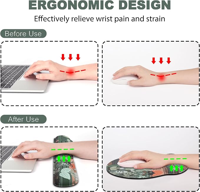 Ergonomic Mouse Pad with Wrist Rest and Keyboard Wrist Rest, Mousepad and Wrist Rest for Computer Keyboard, Pain Relief, Non-Slip Rubber Base, Mouse Pad with Wrist Support for Gaming, Office, Cat