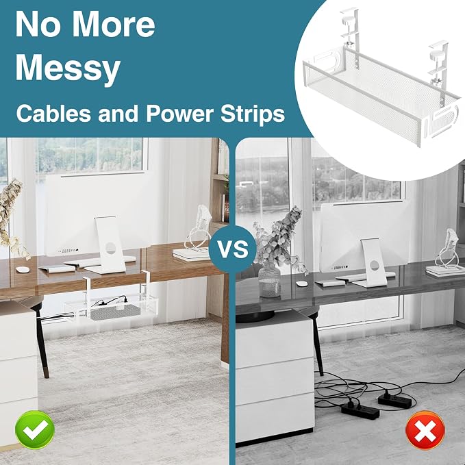 No Drill Under Desk Cable Management Tray, SONATURE 15.7" Cord Organizer for Table, Clamp Mount Desk Cable Management, Premium Carbon Steel Cable Organizer for Office, Home (White)