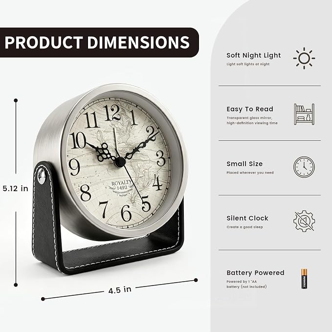 Analog Alarm Clock - 4.5" Silent Non Ticking Small Clock with Light, Rotatable Stand Metal Desk Clock Battery Operated, Simple Design for Living Room Decor/ Bedroom/Bedside/Shelf (Silver & Black)