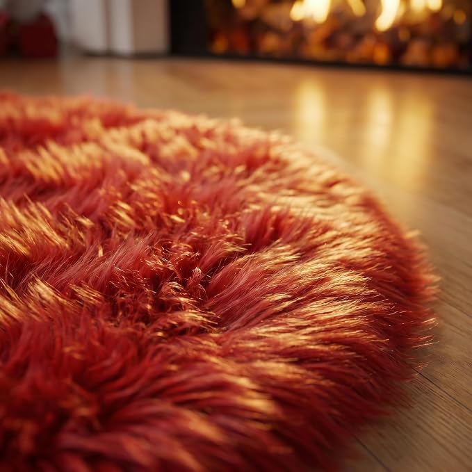 EasyJoy Ultra Soft Faux Fur Rug Fluffy Sheepskin Rug for Bedroom Living Room Sofa Bedside Floor(4 x 4 ft Round, Red)