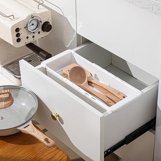 3 Pcs Expandable Drawer Organizer Bins Adjustable Deep Drawer Hanging Organizer Tray Expandable 11.4 to 18.1 Inches Plastic Dividers Storage for Office Bathroom Bedroom Kitchen Desk, White
