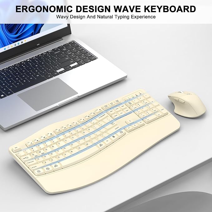 Wireless Keyboard and Mouse Combo, 2.4G Full Size Wave Keys Ergonomic Keyboard with Wrist Rest and 3-Level DPI Adjustable Wireless Ergonomic Mouse for Windows, Mac OS Desktop/Laptop/PC(Latte)