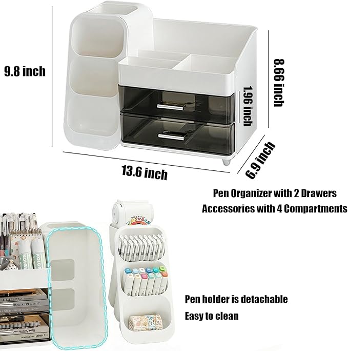 Desk Organizer with Pen Pencil Holder, Pen Organizer with 2 Drawers & 4 Compartments, Desktop Organizers and Storage for Office Home School Art Supplies (Green)