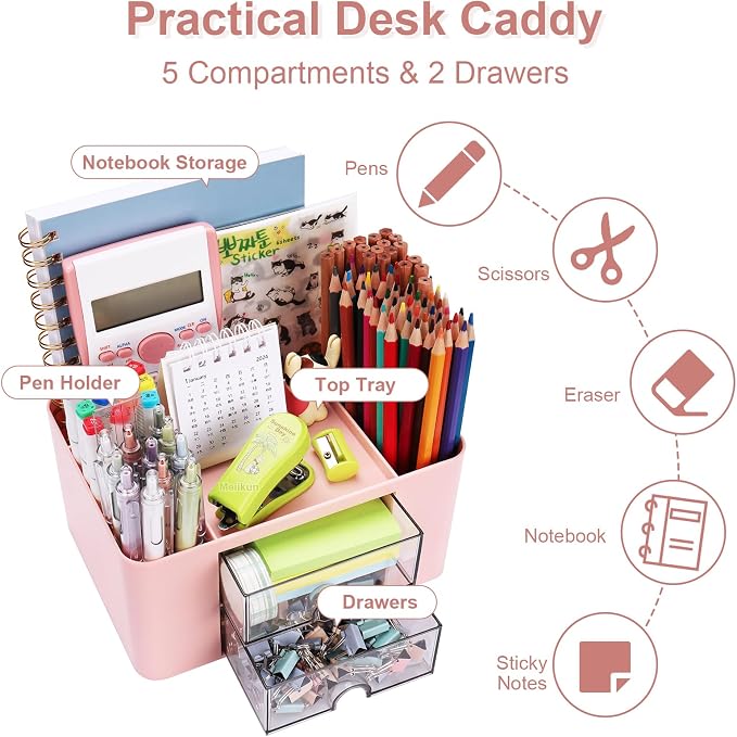 Meiikun Plastic Pen Organizer, Multifunctional Desk Organizer with 2 Drawers, 4 Compartments & a Top Tray, Pencil Holder Desktop Organizers and Accessories for Office, 7.7" x 5.5" x 3.9" (Pink)