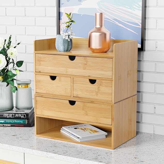 Bamboo Desk Drawer Organizer, Desktop Organizer with Drawers(2 Drawers) | 2 Drawers Open Top Tray Fully Assembled Stores Pens, Notes, Makeup, Jewelry & Toiletries for Office, Vanity & Bath