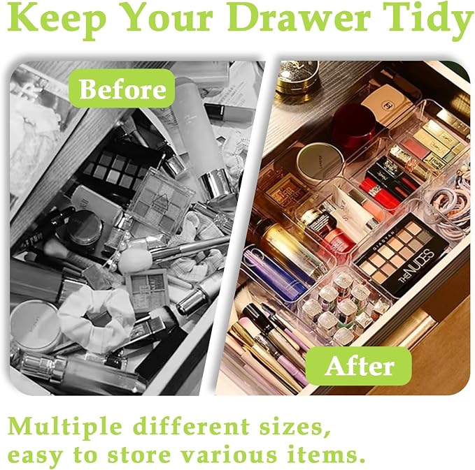Clear Acrylic Drawer Organizer Trays, 5 Size Junk Box Organization Small Storage Container Bin for Desk Makeup Bathroom Vanity Kitchen Tool Make Up Workspace Home Dorm Apartment Office Room Nightstand