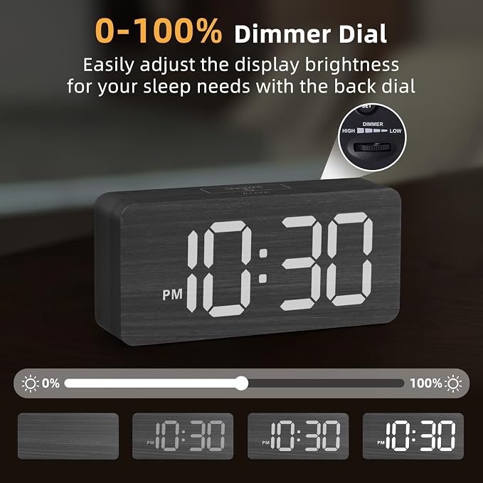 uscce Wooden Digital Alarm Clocks for Bedrooms with 0-100% Dimmable Display | Desk Clock with Large Numbers for Living Room - Loud Dual Alarm for Heavy Sleepers with Volume Control - Wood Decor & Gifts