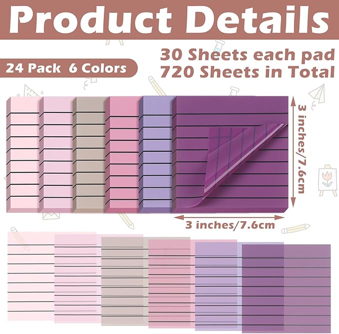 Yinder 24 Pack 720 Sheets Transparent Sticky Notes Translucent Clear Lined Self Sticky Notes for Bible Tabs, Book Tabs, Office School Supplies(3 x 3 Inch,Purple Colors)