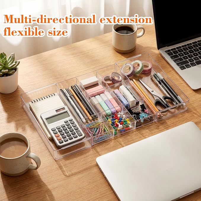 Briwooody 2 Pcs Large Expandable Acrylic Drawer Organizers, Grid Adjustable Drawer, Dividers Organizer for Desk, Makeup, Jewelry, Office, Kitchen Supplies (Transparent,11 Compartments)