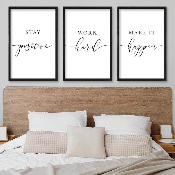 RLWangChao Inspirational Quotes Wall Art Decor 16"X24" 3 Piece Modren Office Stay Positive Work Hard Make It Happen Motivational Wood Framed Sign Living Room Positive Wall Hanging Decoration (Black)