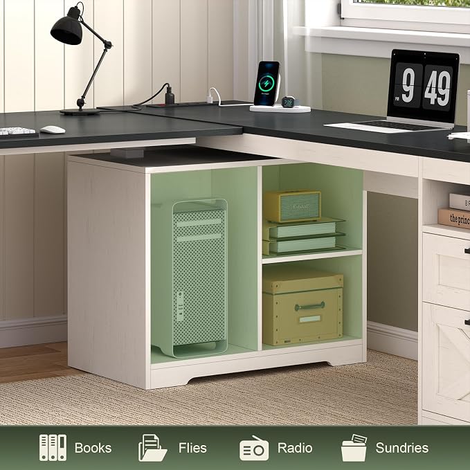 66 inch Farmhouse L Shaped Standing Desk with Storage for Home Office | Corner Electric Standing Desk with Drawers ＆ Storage Shelves, Height Adjustable Desk with Power Outlets, Black & White