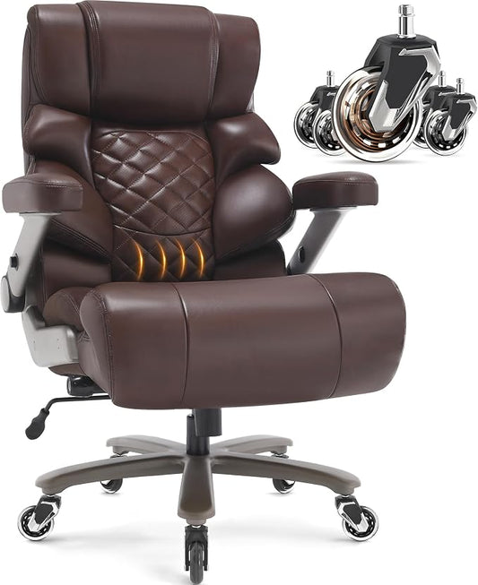 VUZI 700lbs Big and Tall Office Chair, Large Executive Leather Desk Chair | Adjustable Lumbar Support for Back Pain, Plus Size Wheels, 3D Flip Arms, Heavy Duty Metal Base, Wide Seat Computer Chair