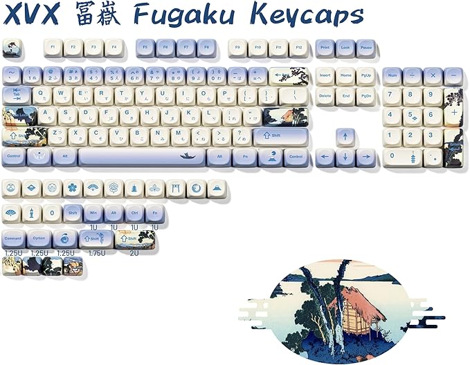 OHY XVX MOA Profile Japanese Fuji Mountain Theme Keycaps Set, 132 - Key Blue & Creamy White Custom Keycaps for US Layout Mechanical Keyboards -Blue and White
