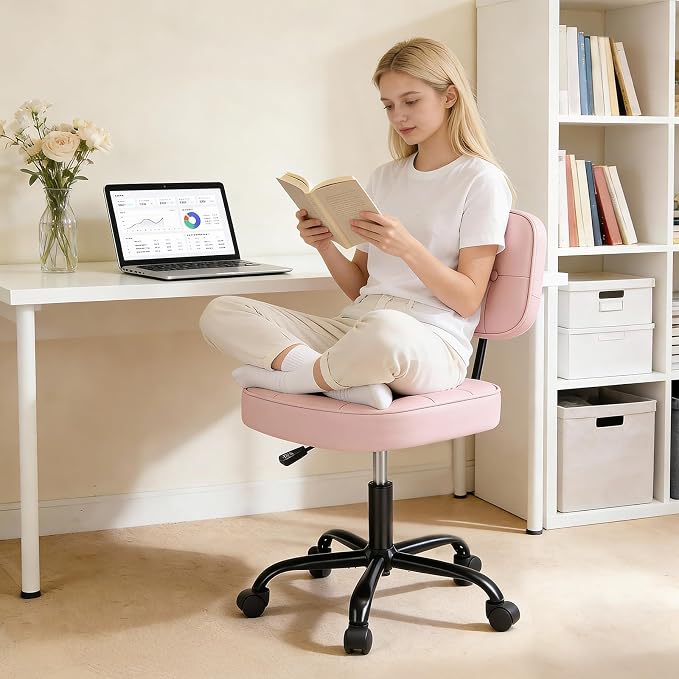 DUMOS Armless Office Desk Chair, Small Vanity Chair with Lumbar Support | PU Leather, 360° Rolling Swivel, Height Adjustable, Fit Computer Task, Bedroom Living Room, Pink