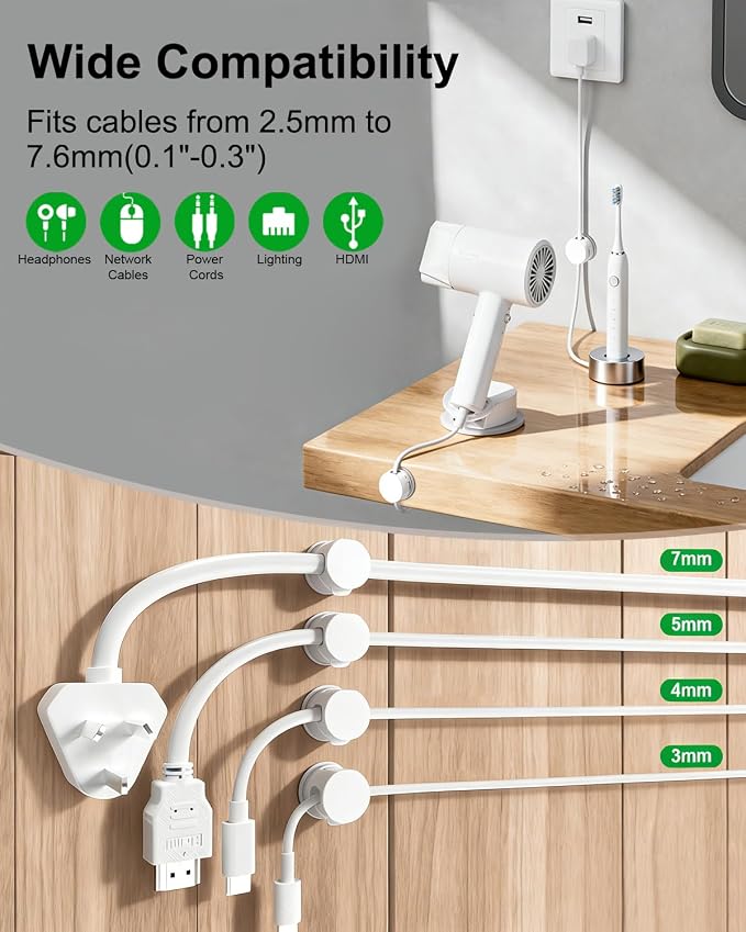 OneLeaf 12 Pack Spring Cable Clips for Phone Charger, One-Hand Cord Holder for Nightstand & Desk, Rotatable Desk Cable Management with Strong Adhesive, White